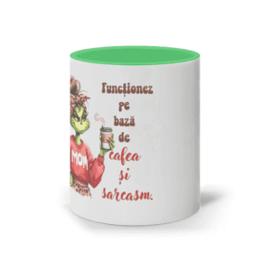 Cană colorată din ceramică „Funcționez Pe Bază De Cafea Și Sarcasm”