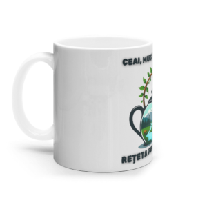 Cană ceramică albă „Ceai, munte și liniște – rețeta fericirii mele”