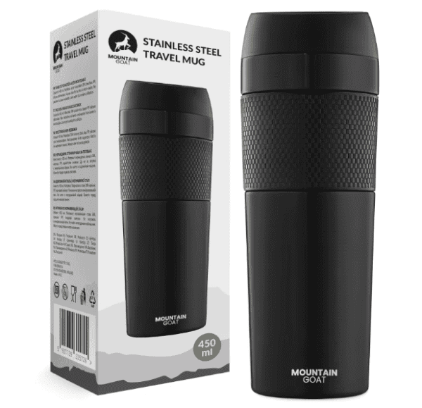 Cana termica de cafea Mountain Goat, Din inox, Cu pereti dubli si capac, Rezistent la rugina si la scurgeri, Pastreaza Bautura Fierbinte sau Rece timp, pentru cafea, ceai, ciocolata calda, lapte, Capacitate 400 ml, Negru