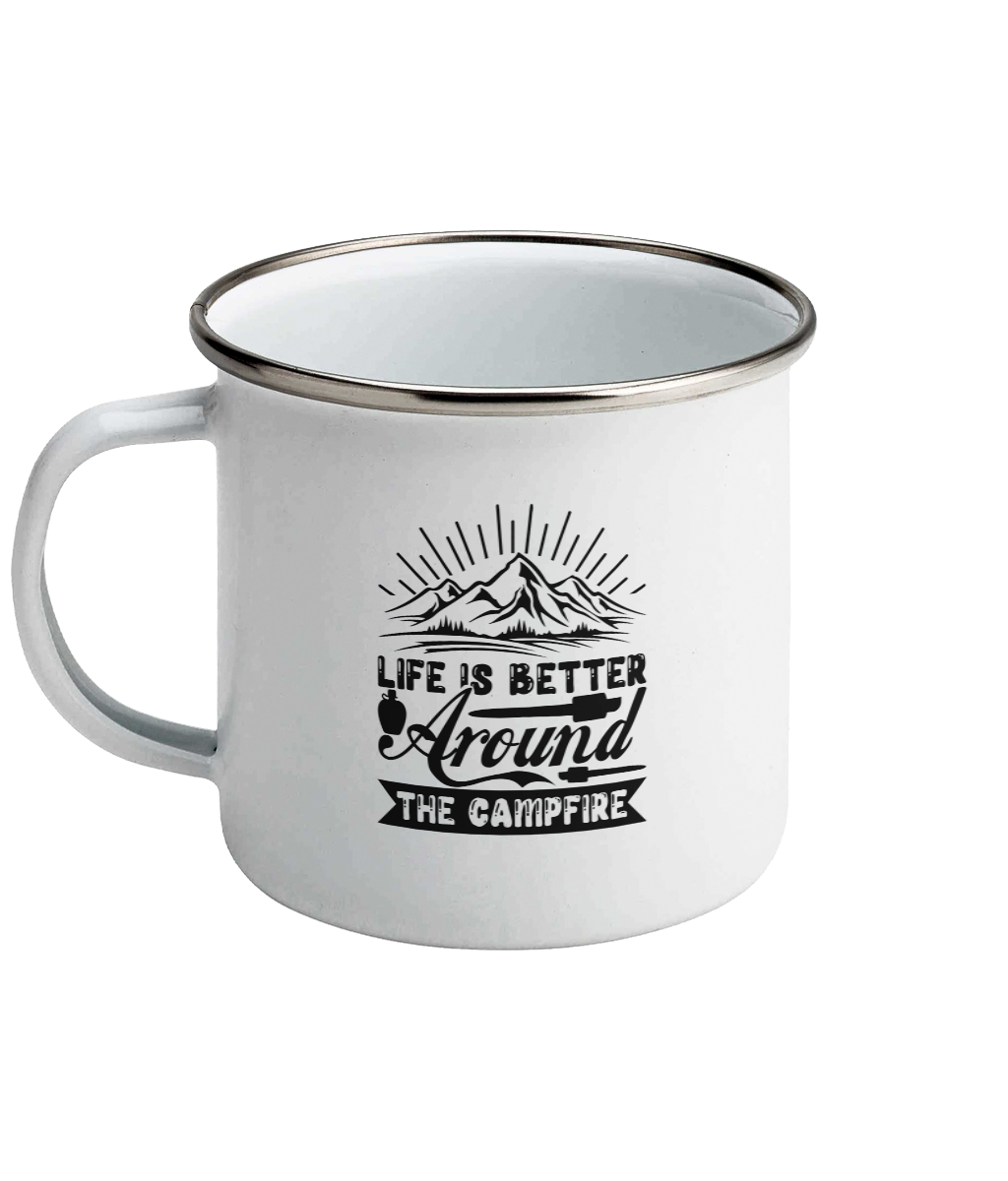 Cana emailata Life is better around the campfire cadou personalizat amuzant pentru iubitorii de mers cu cortul rulotism vanlife drumetii