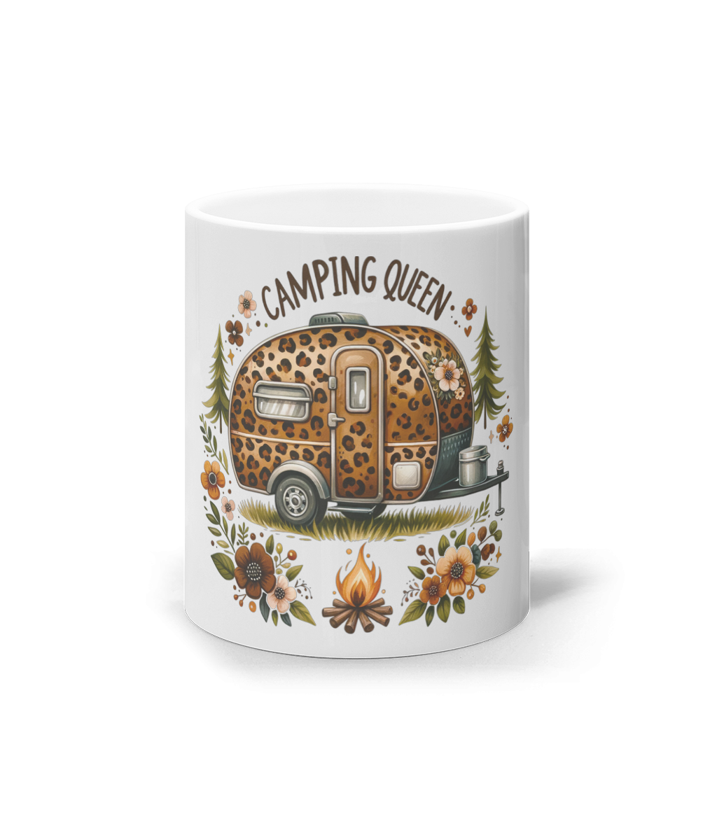 Cana ceramica alba cu rulota imprimeu leopard pentru iubitoarele de camping, campat in natura si rulotism