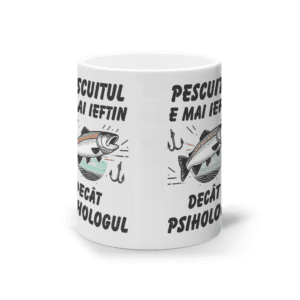 Cană ceramică albă „Pescuitul e mai ieftin decât psihologul”