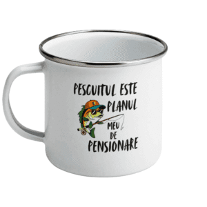 Cană emailată „Pescuitul este planul meu de pensionare”