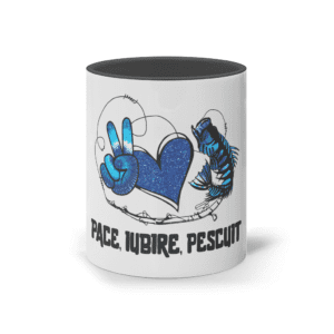 Cană ceramică colorată „Pace, iubire, pescuit”