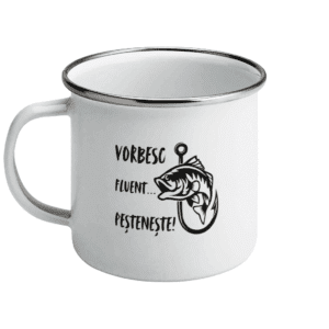 Cană emailată „Vorbesc fluent… peștenește”