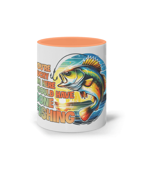 Cana ceramica colorata cadou personalizat amuzant pentru iubitorii pasionati de pescuit pescari amatori si profesionisti cadou personalizat You are lucky I am here I could have gone fishing